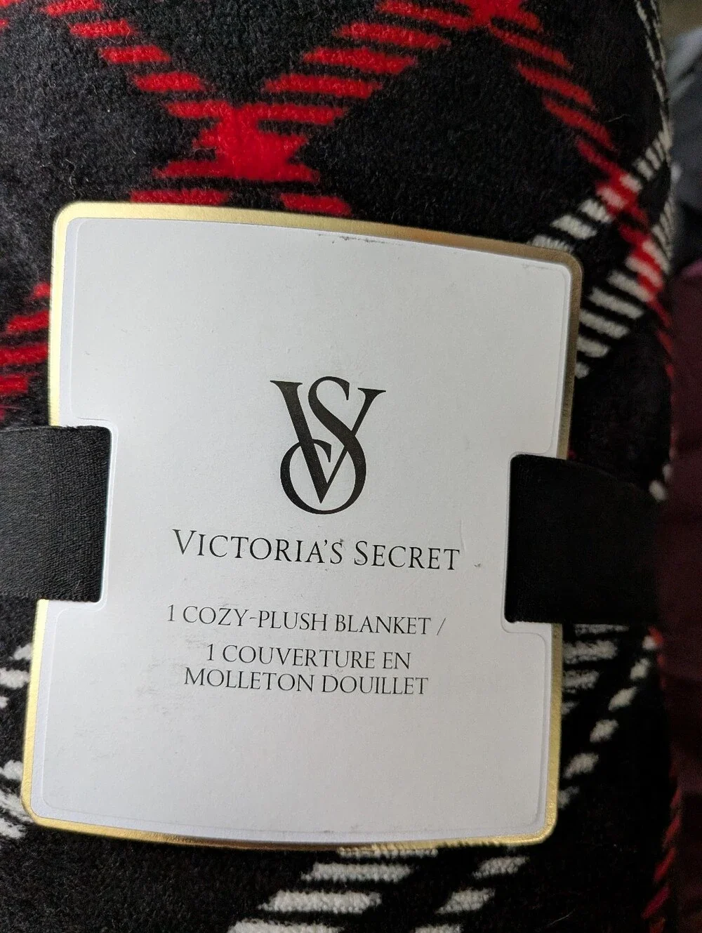 Victoria's Secret Black, White & Red Plaid Plush Throw